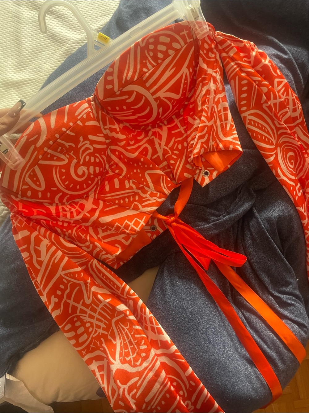 Women’s Orange Patterned Long-Sleeve Bikini Top